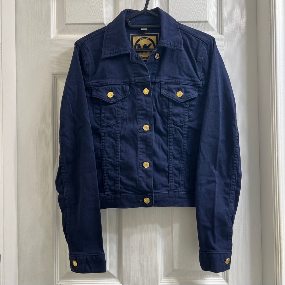 Michael Kors Dark Blue Jean Long Sleeve Denim Jacket Gold Buttons